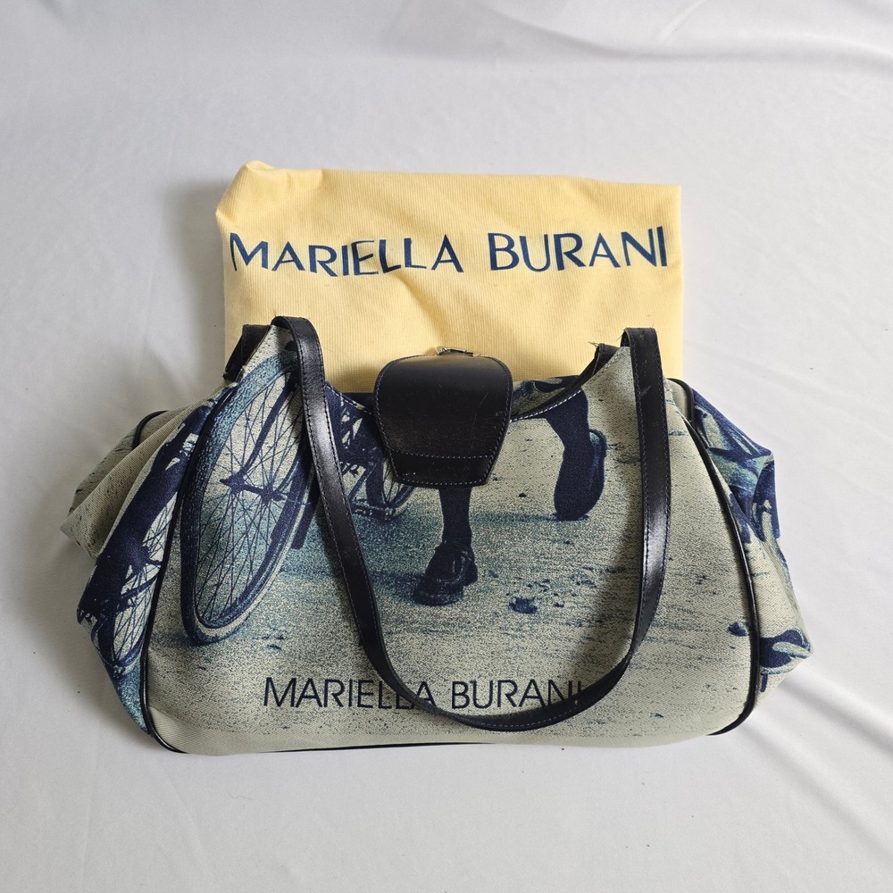 Mariella Burani Vintage Canvas Leather Bicycle Print Shoulder Bag Made in Italy